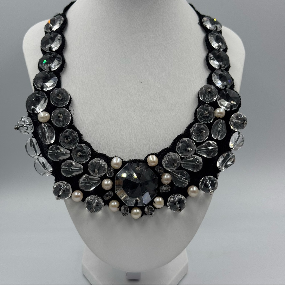 RK by Rajana Khan Swarovski Crystal and Simulated Pearl Bib Necklace Long 2010